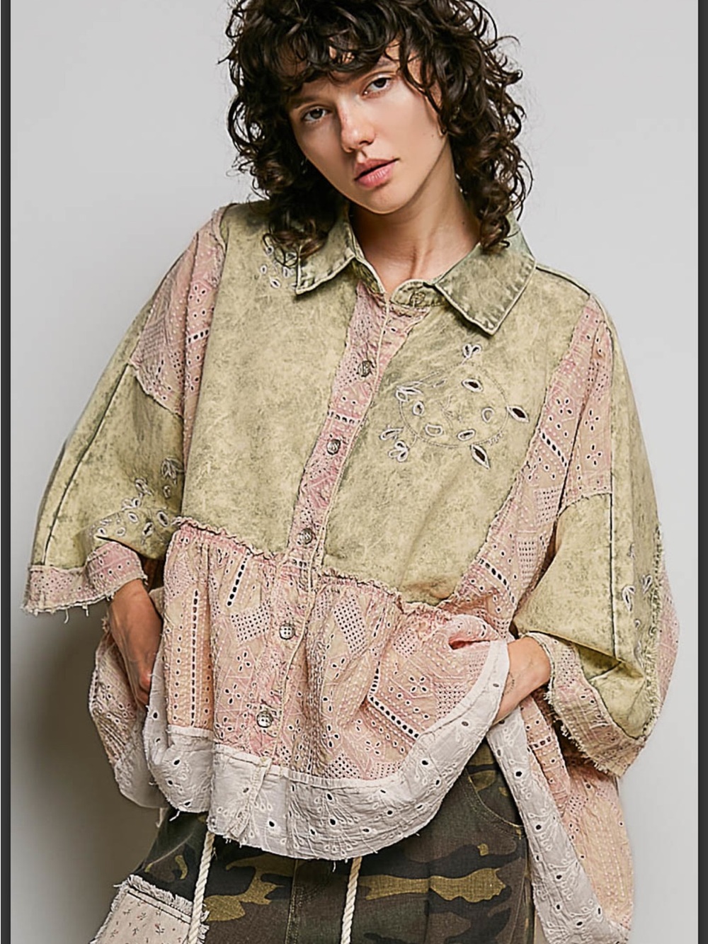 POL Patchwork Eyelet Peplum Blouse/Jacket